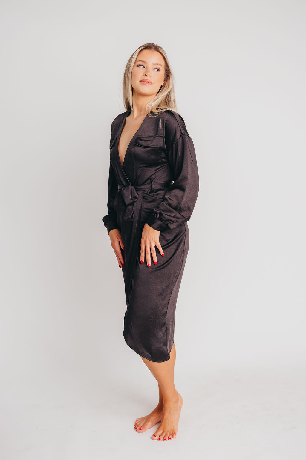 Stardust Satin Surplice Midi Dress in Black