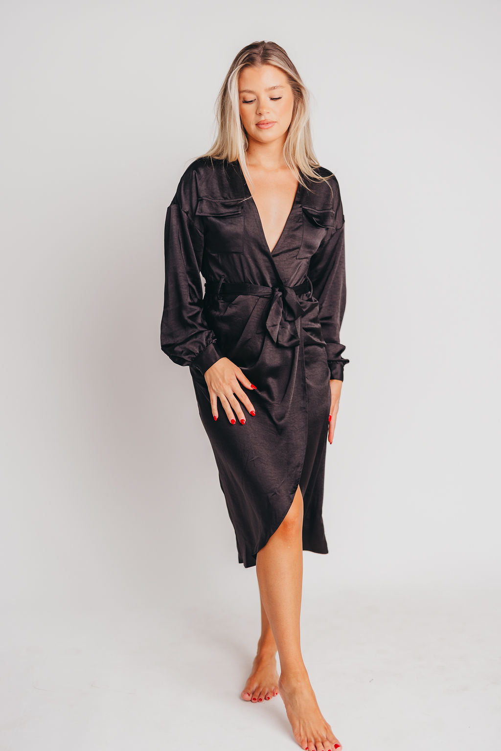 Stardust Satin Surplice Midi Dress in Black