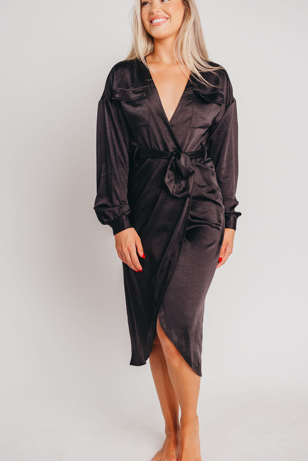 Stardust Satin Surplice Midi Dress in Black