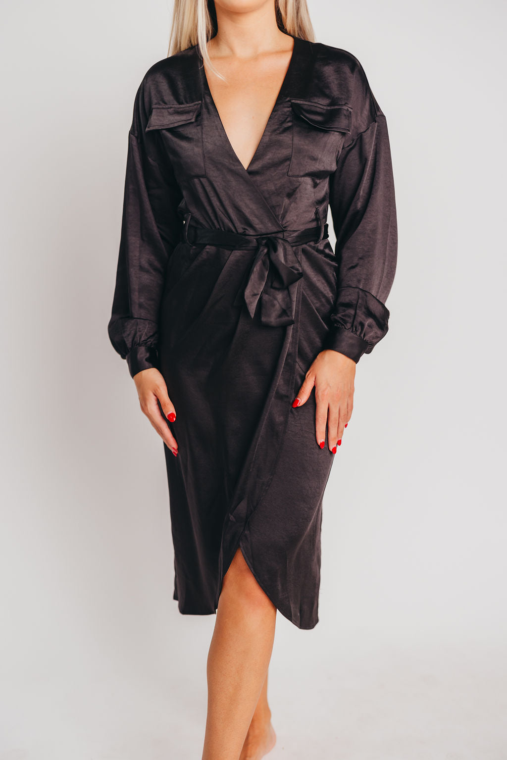 Stardust Satin Surplice Midi Dress in Black