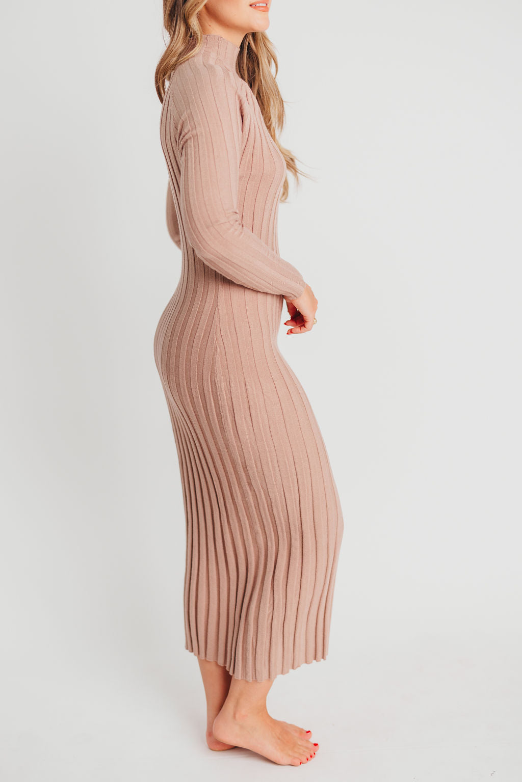 Brie Ribbed Knit Mock-Neck Midi Sweater Dress in Cashmere - Bump Friendly