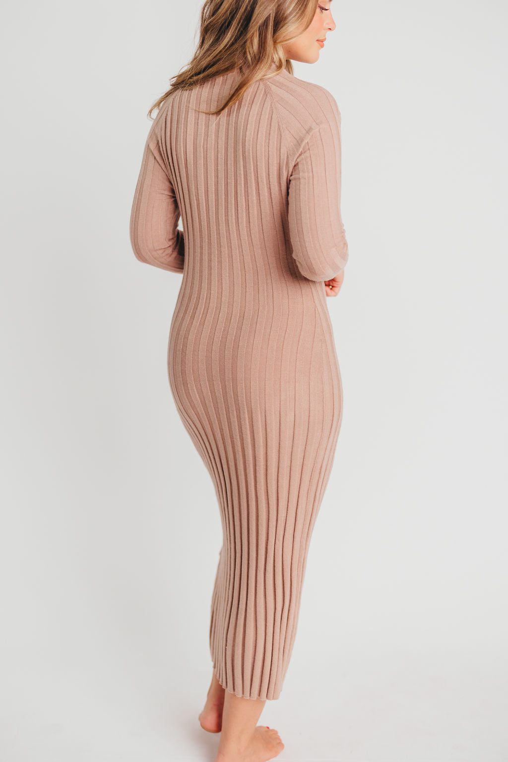 Brie Ribbed Knit Mock-Neck Midi Sweater Dress in Cashmere - Bump Friendly
