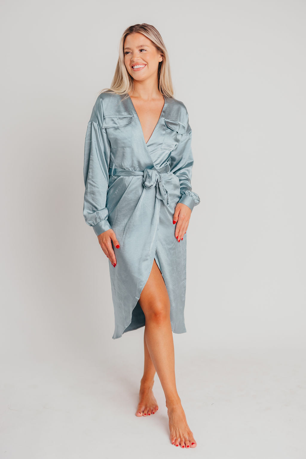 Stardust Satin Surplice Midi Dress in Dusty Blue