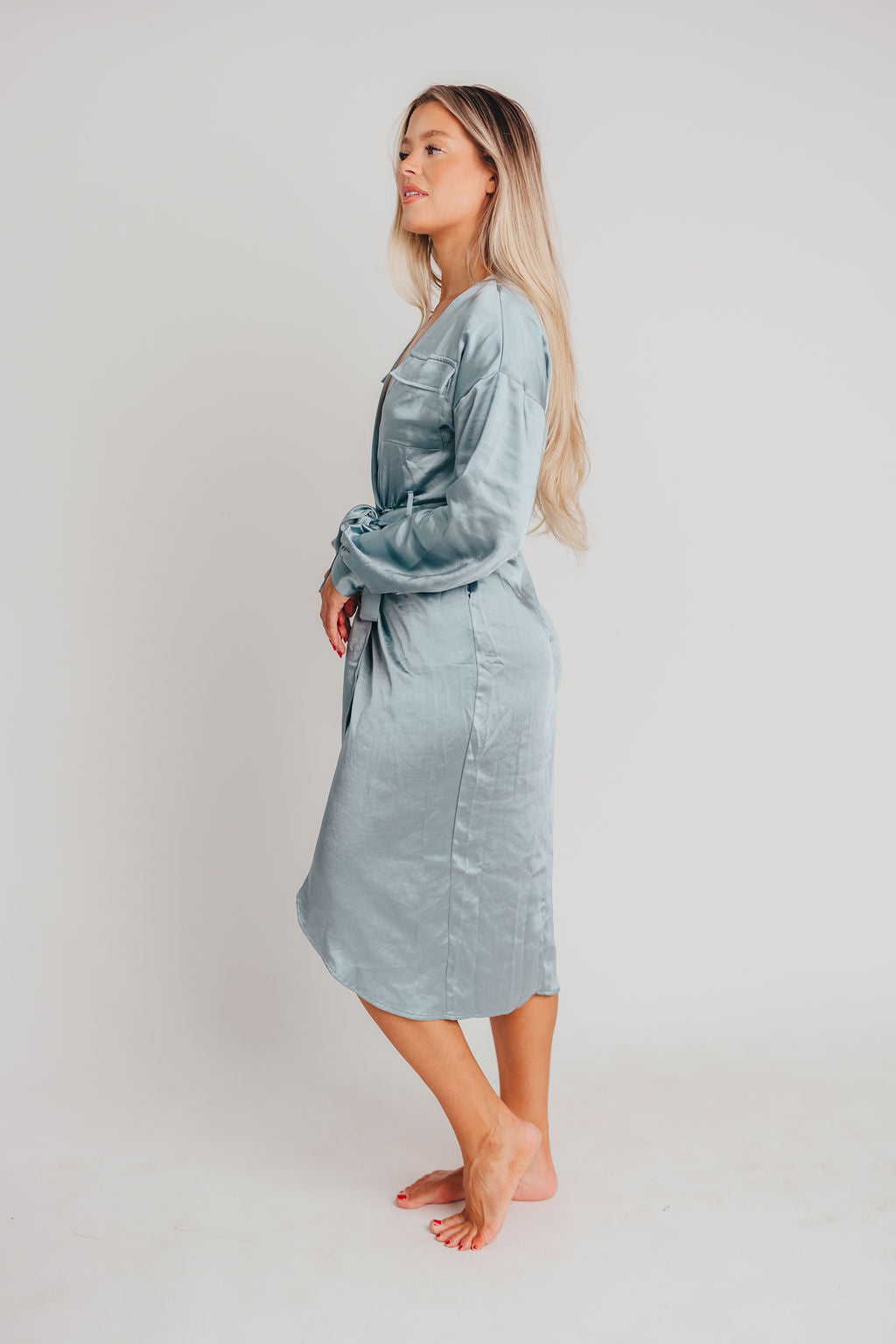 Stardust Satin Surplice Midi Dress in Dusty Blue