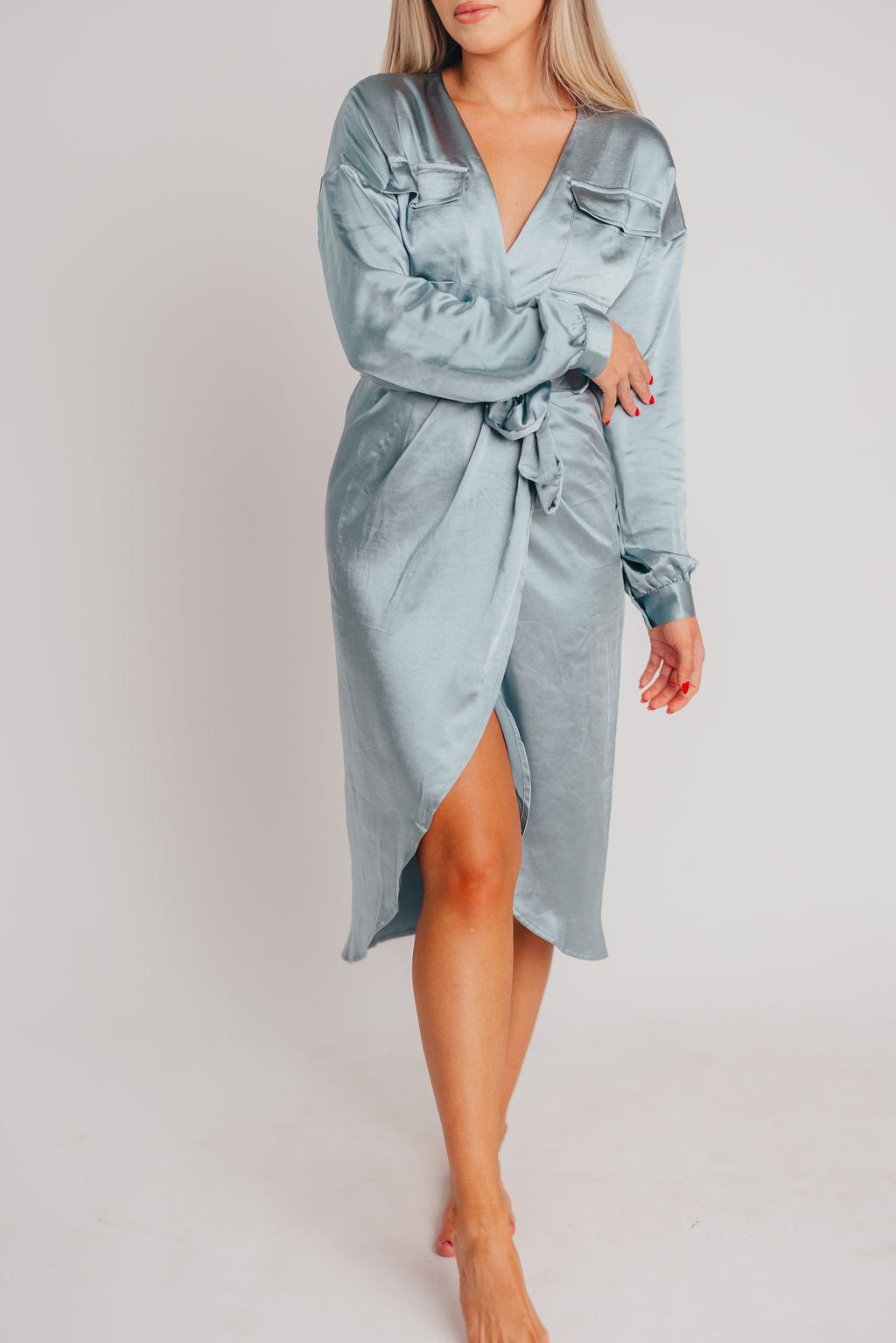Stardust Satin Surplice Midi Dress in Dusty Blue
