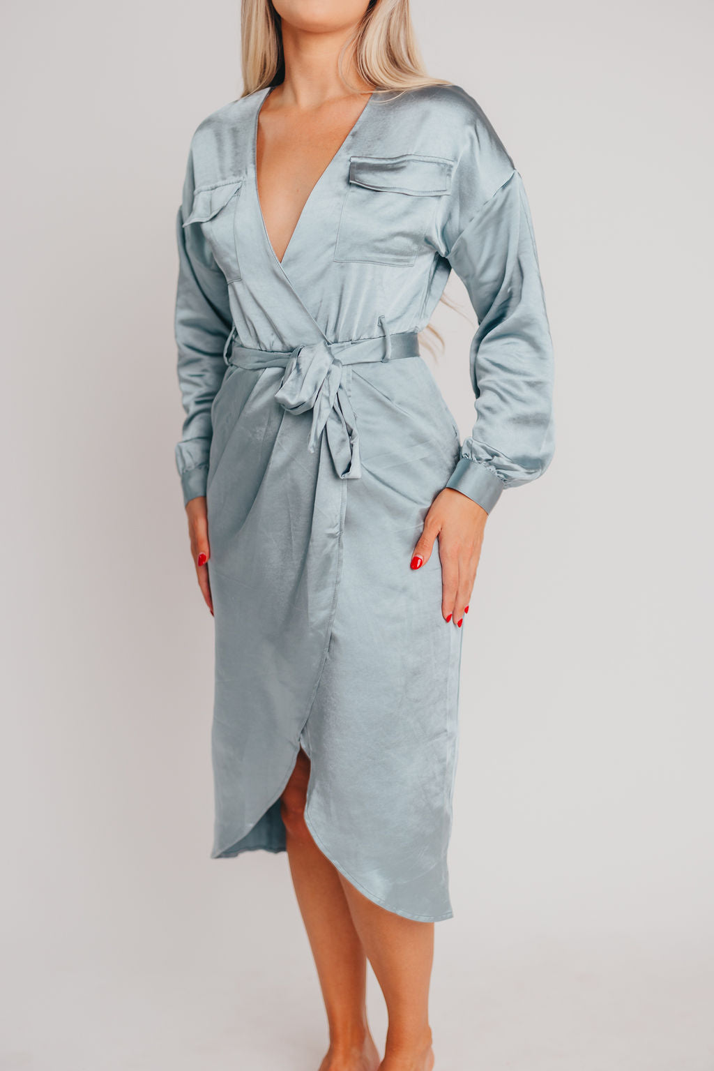Stardust Satin Surplice Midi Dress in Dusty Blue