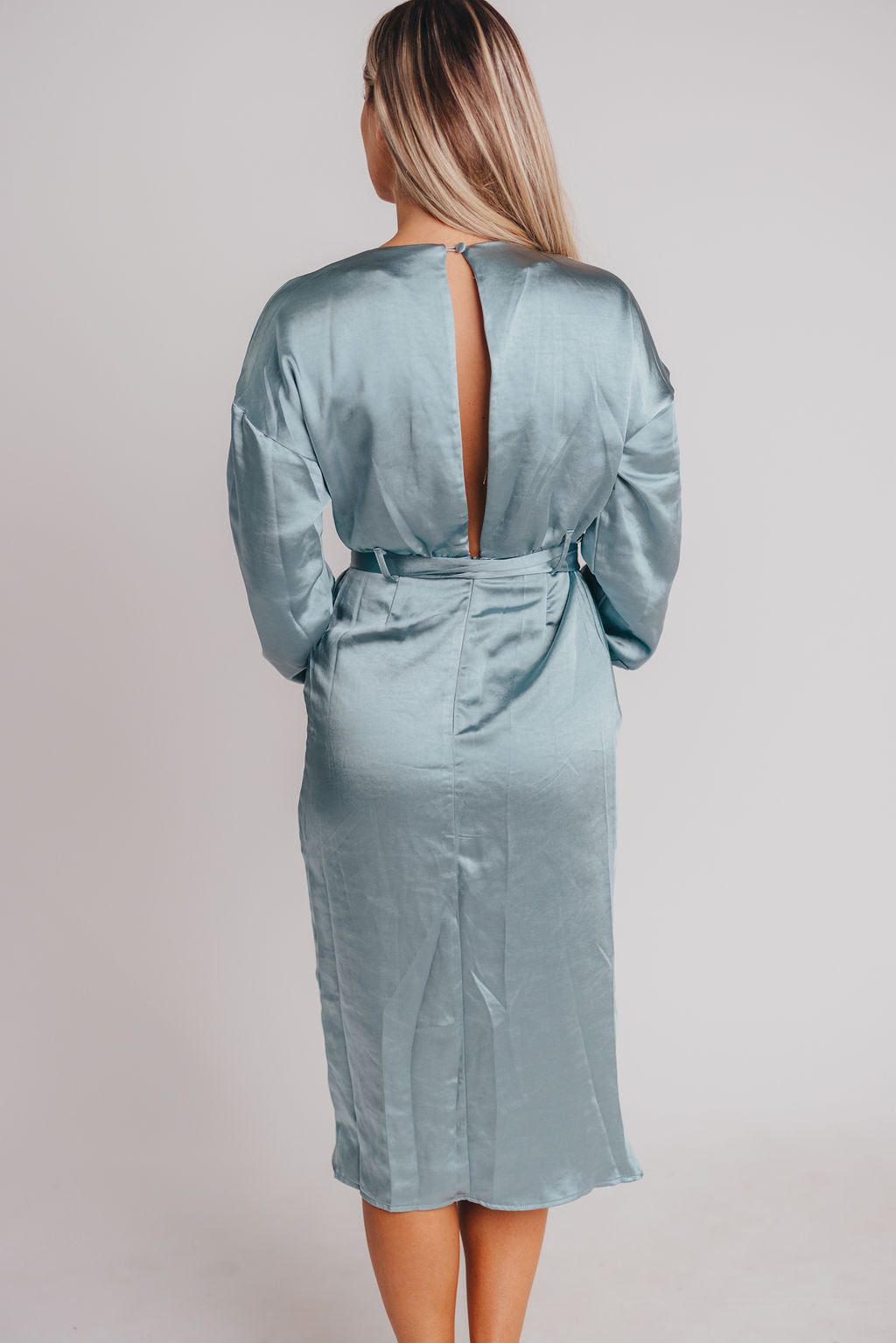 Stardust Satin Surplice Midi Dress in Dusty Blue