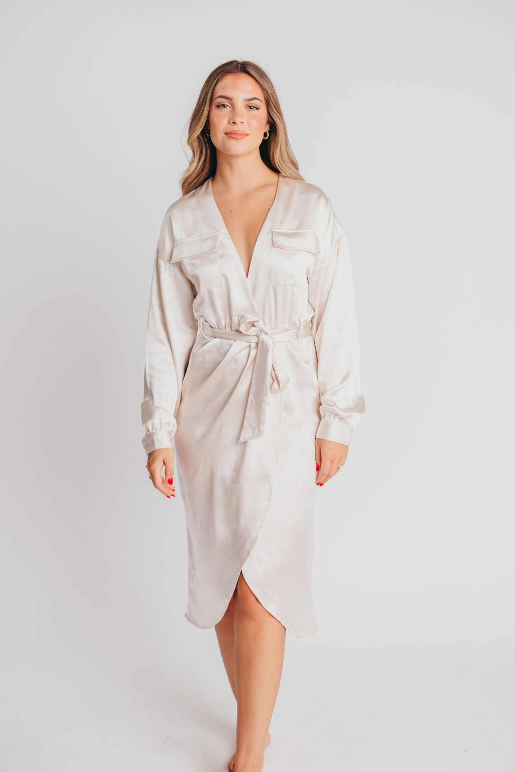 Stardust Satin Surplice Midi Dress in Cream