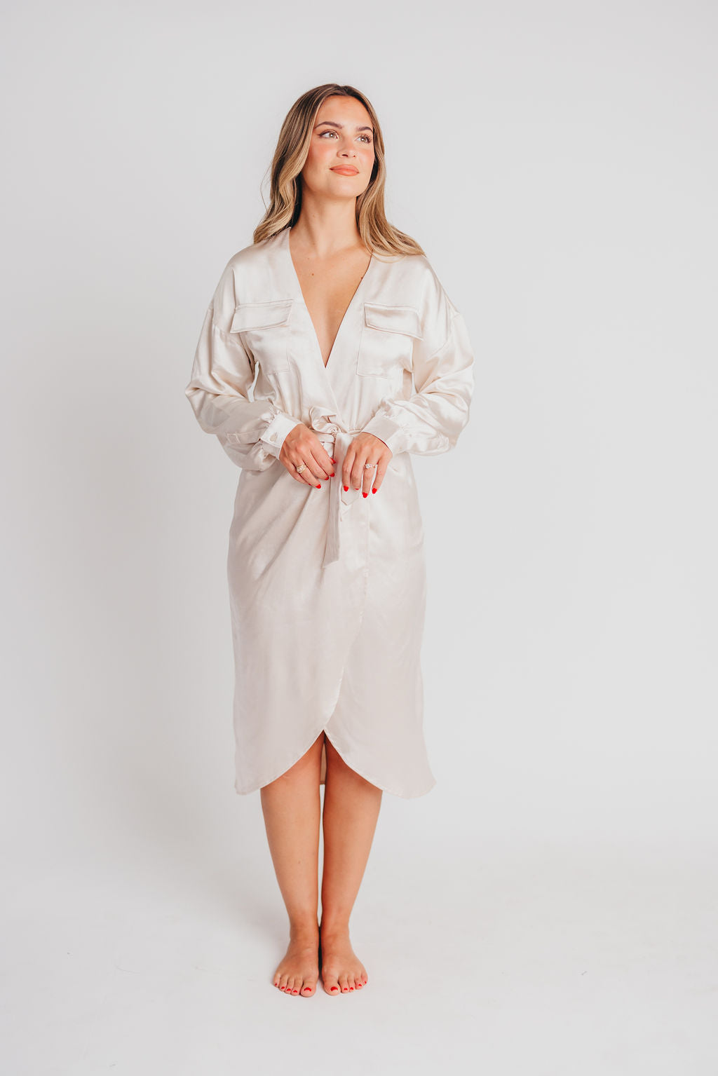 Stardust Satin Surplice Midi Dress in Cream