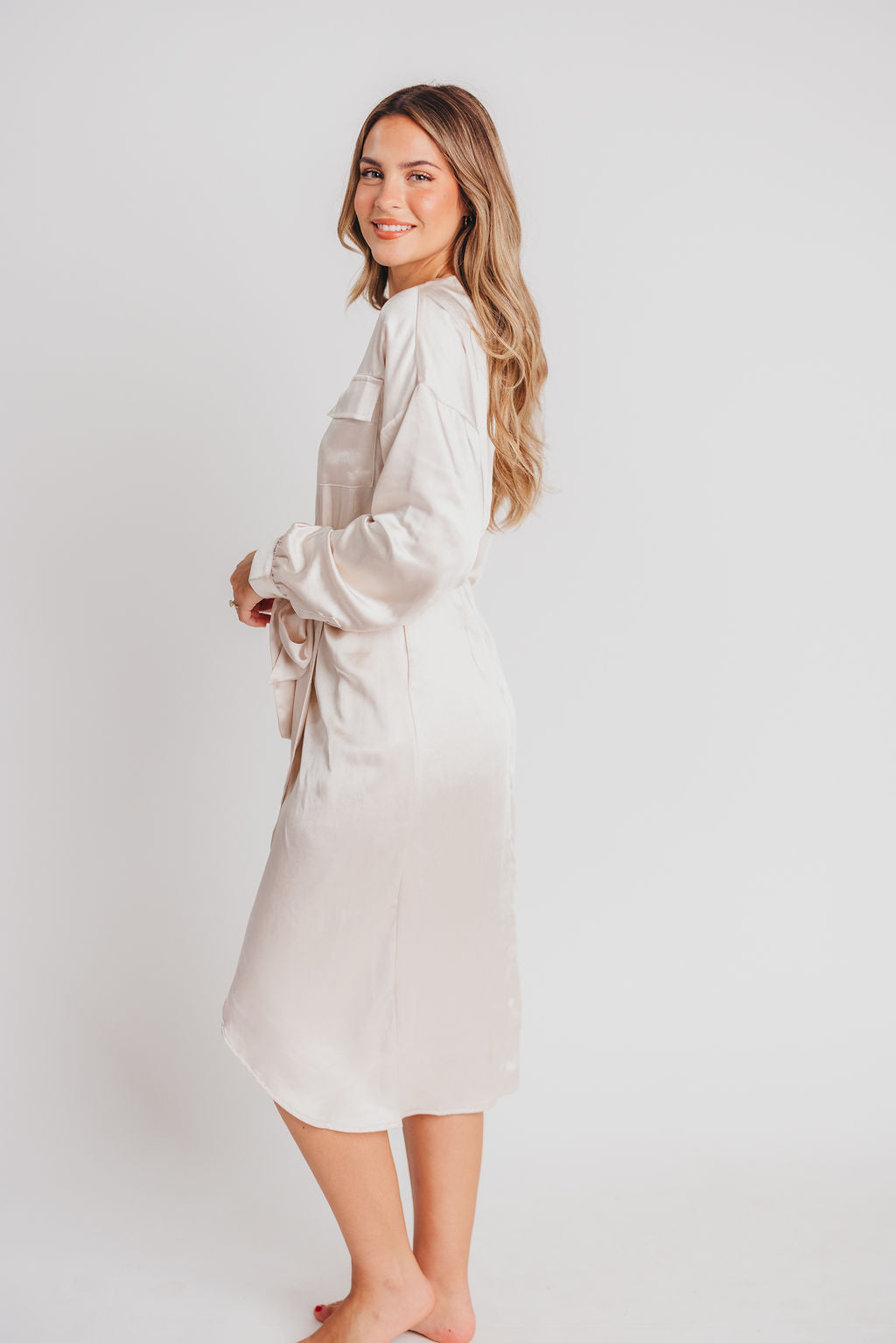 Stardust Satin Surplice Midi Dress in Cream