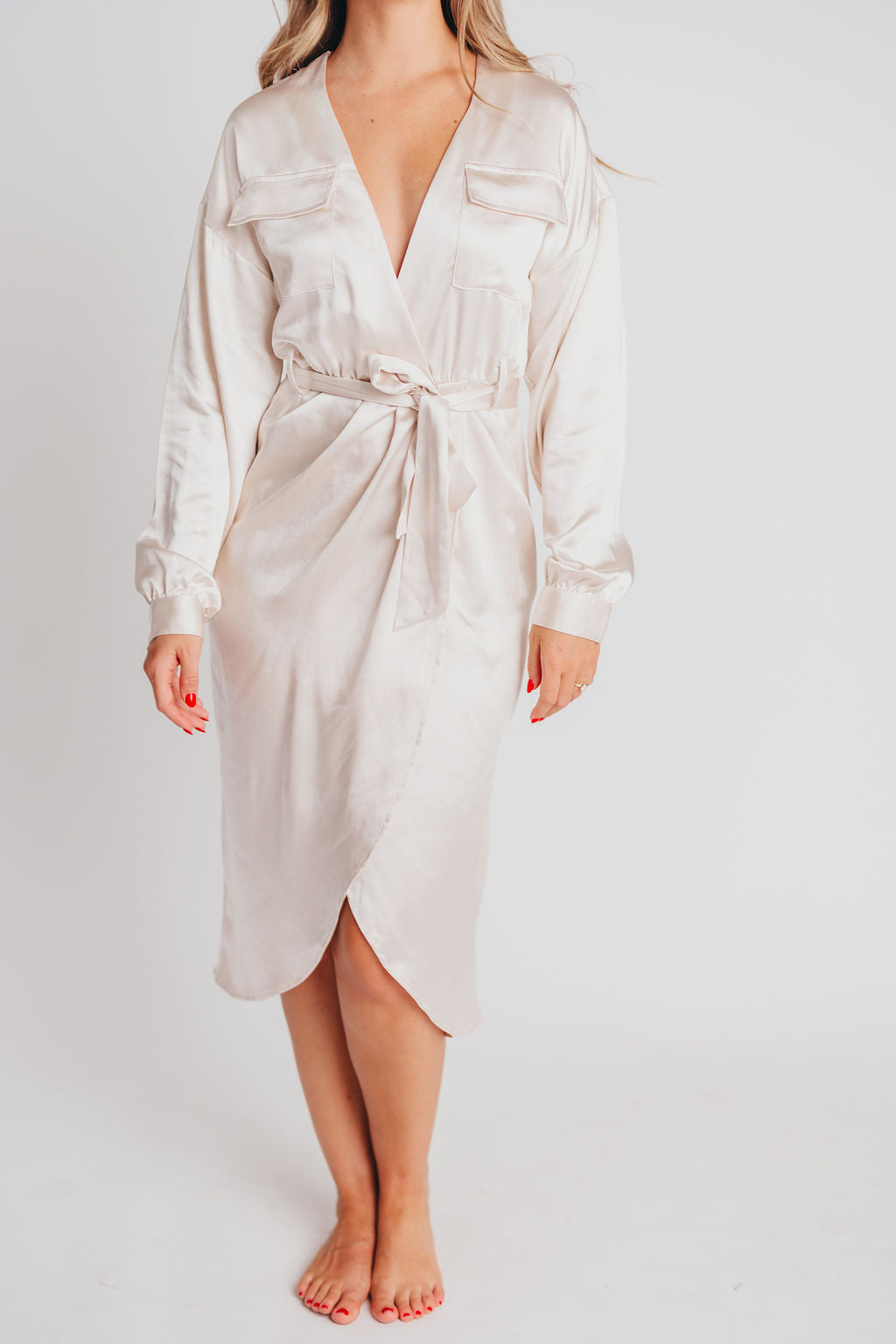 Stardust Satin Surplice Midi Dress in Cream