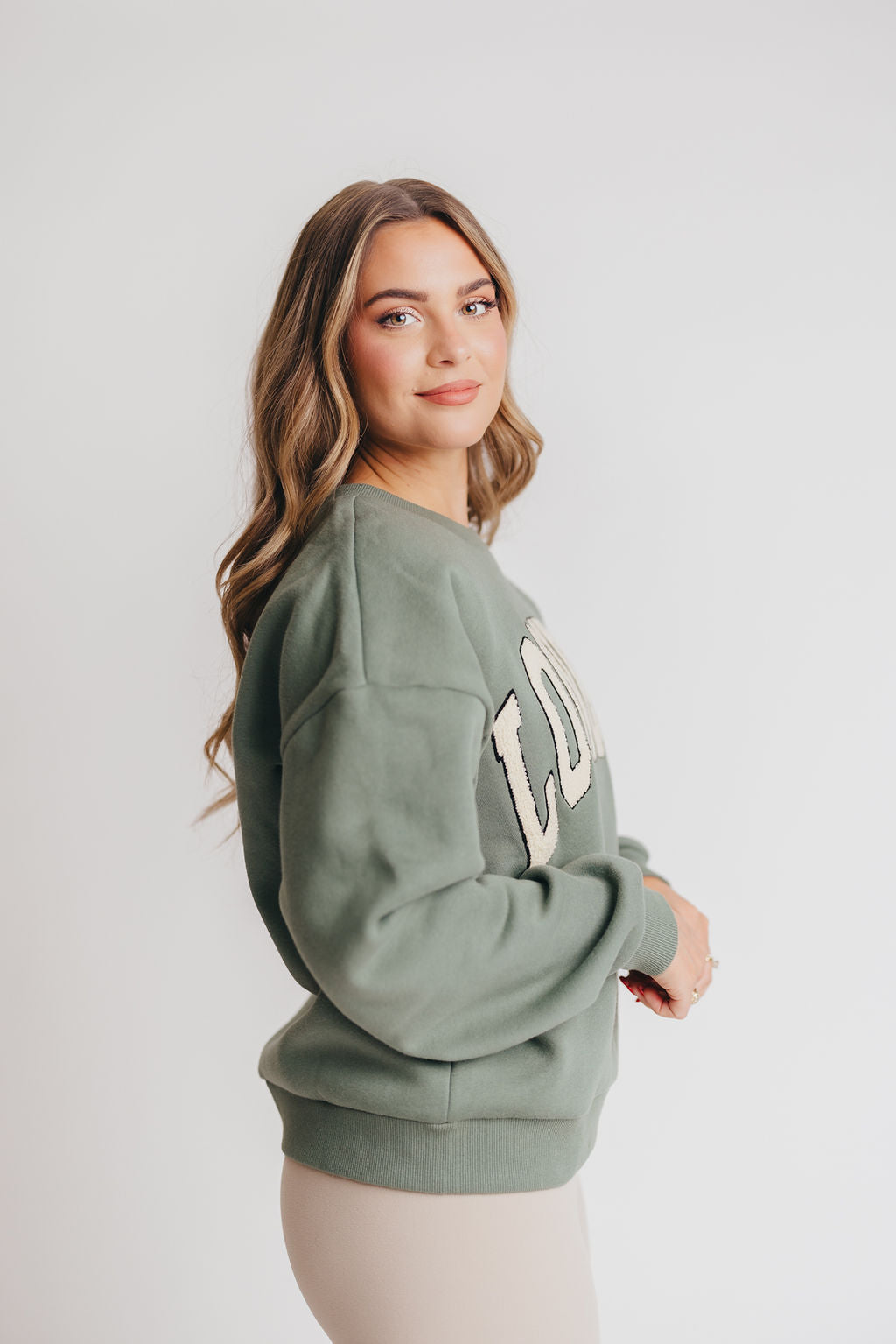 London Calling Boucle Letter Patch Sweatshirt in Emerald