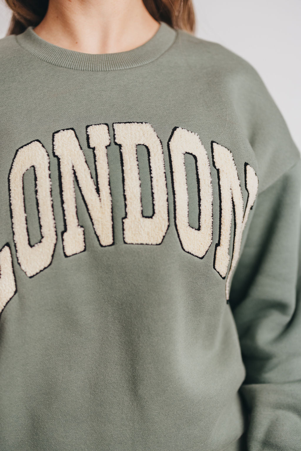 London Calling Boucle Letter Patch Sweatshirt in Emerald