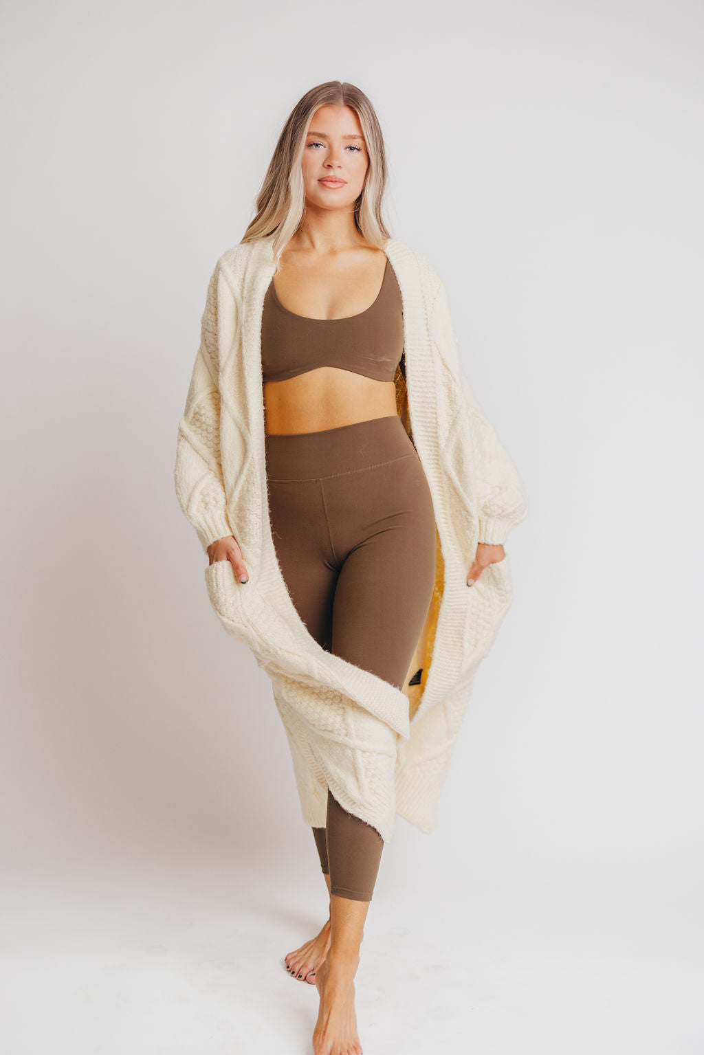 Liza Open Front Diamond Pattern Knit Cardigan in Vanilla Cream