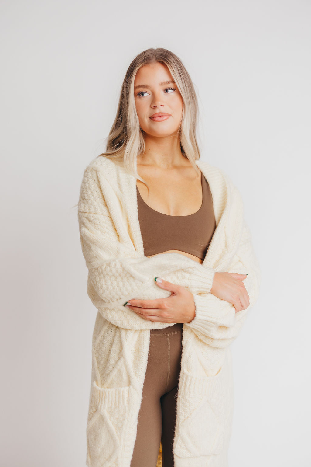 Liza Open Front Diamond Pattern Knit Cardigan in Vanilla Cream
