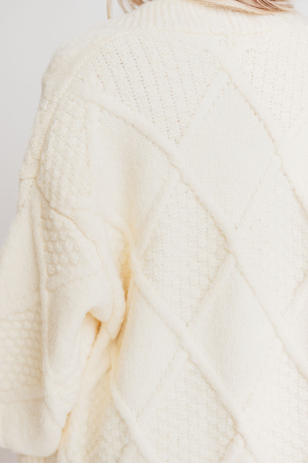 Liza Open Front Diamond Pattern Knit Cardigan in Vanilla Cream