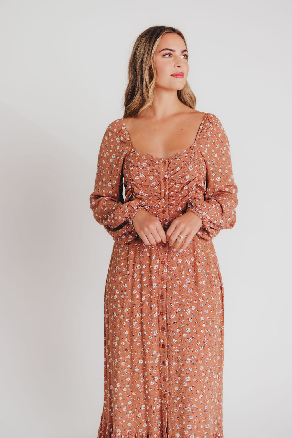 Adrienne Long-Sleeve Button-Up Maxi Dress in Toffee - Bump and Nursing Friendly