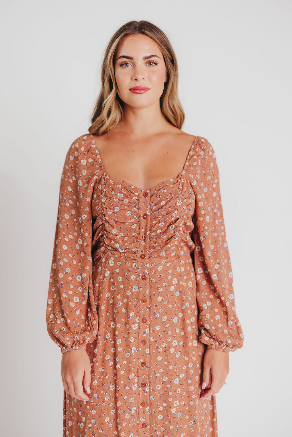 Adrienne Long-Sleeve Button-Up Maxi Dress in Toffee - Bump and Nursing Friendly