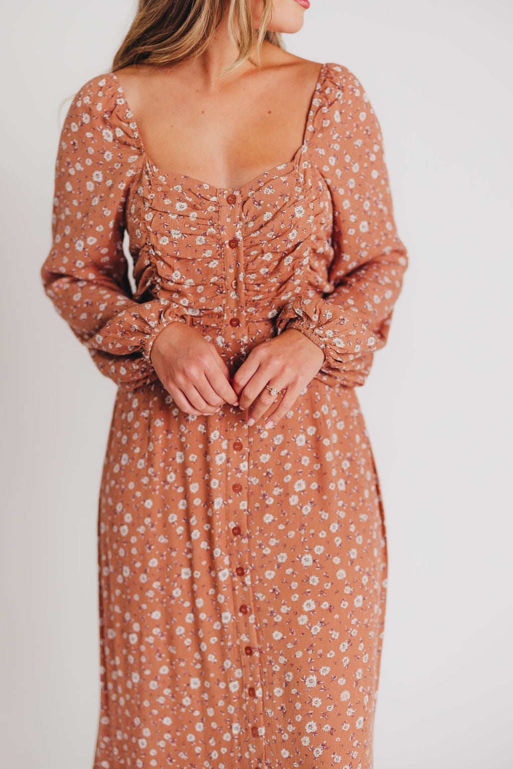 Adrienne Long-Sleeve Button-Up Maxi Dress in Toffee - Bump and Nursing Friendly