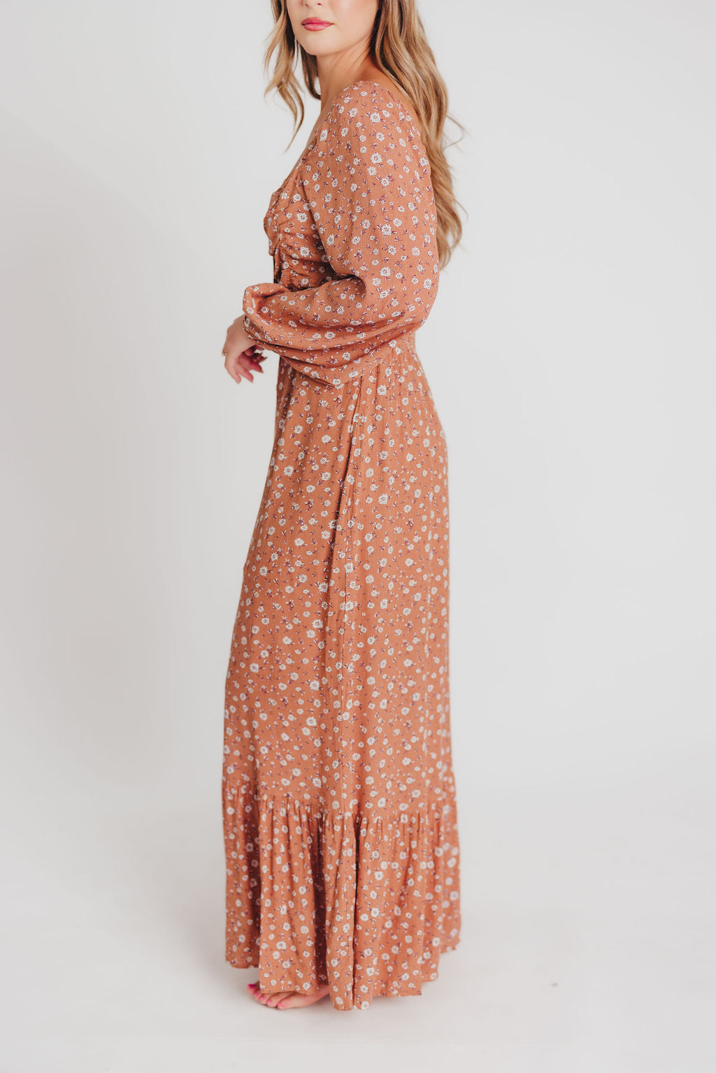 Adrienne Long-Sleeve Button-Up Maxi Dress in Toffee - Bump and Nursing Friendly