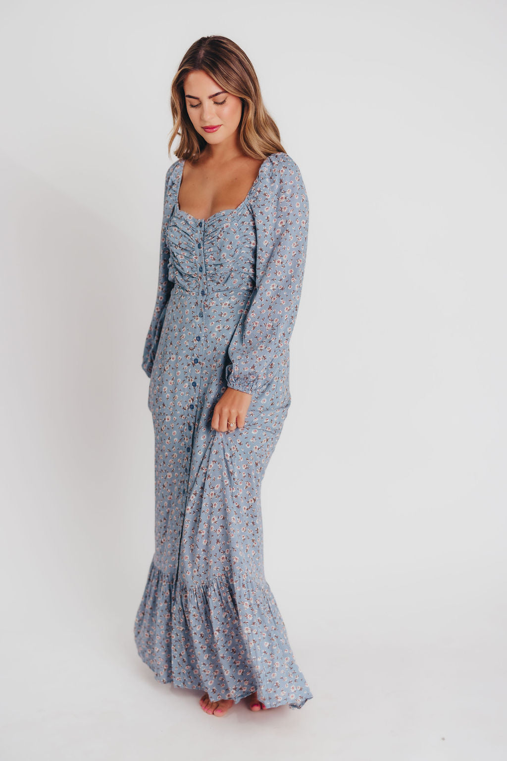 Adrienne Long-Sleeve Button-Up Maxi Dress in Ash Blue - Bump and Nursing Friendly