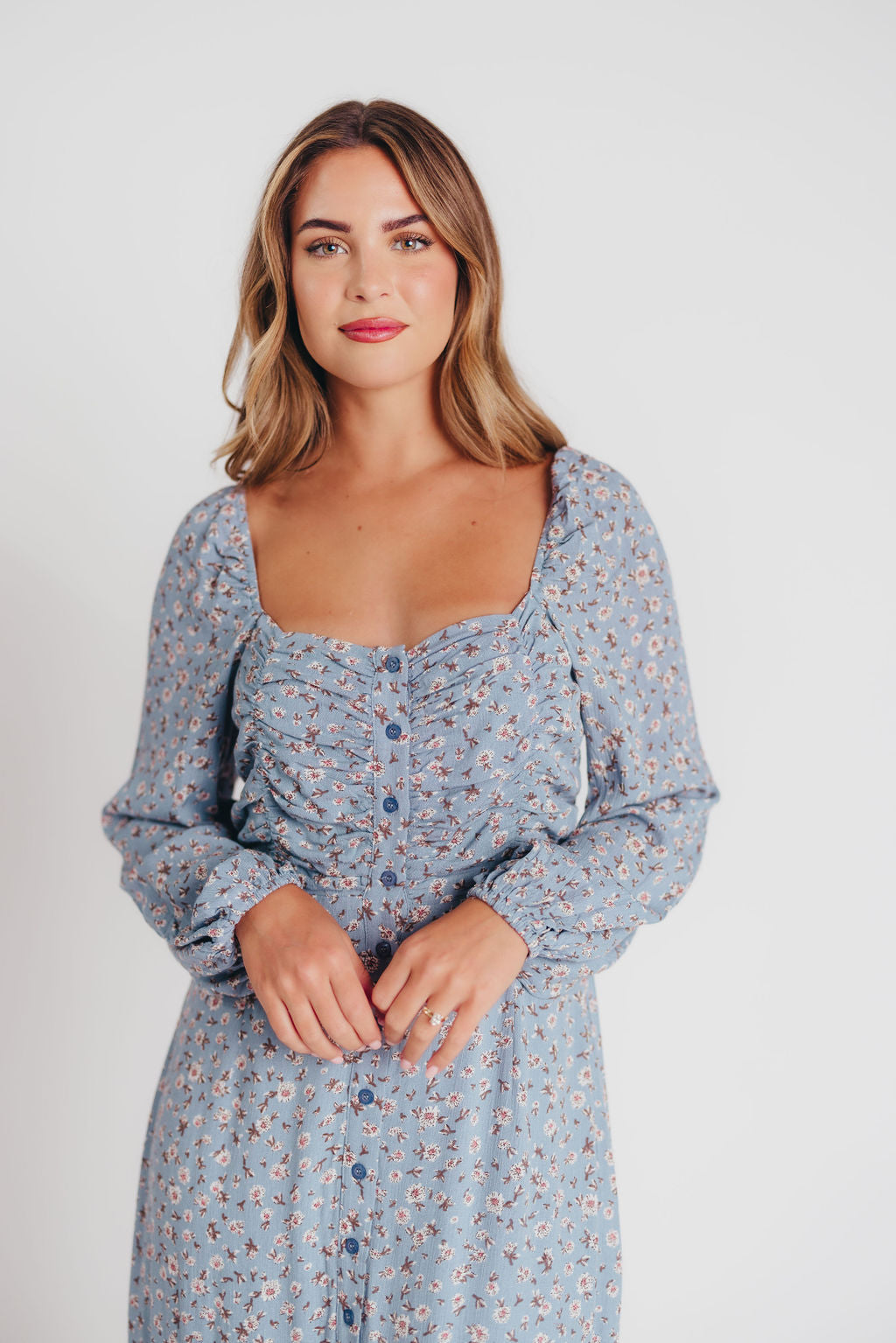 Adrienne Long-Sleeve Button-Up Maxi Dress in Ash Blue - Bump and Nursing Friendly