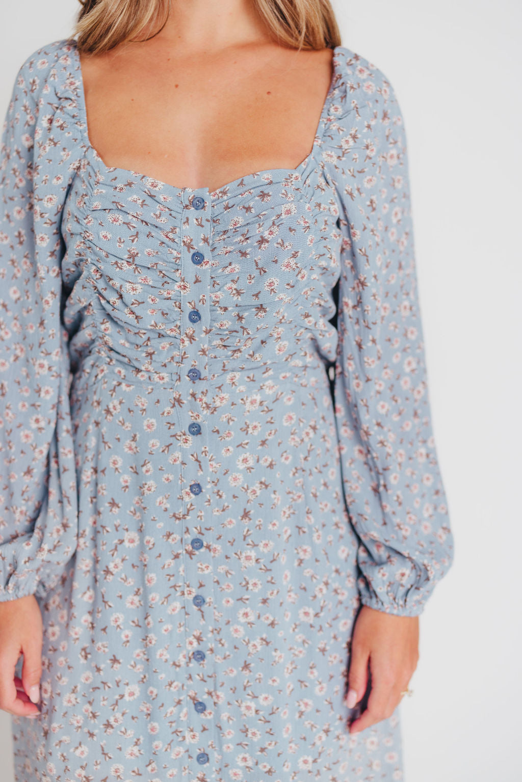 Adrienne Long-Sleeve Button-Up Maxi Dress in Ash Blue - Bump and Nursing Friendly