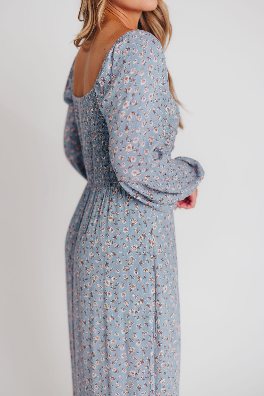 Adrienne Long-Sleeve Button-Up Maxi Dress in Ash Blue - Bump and Nursing Friendly