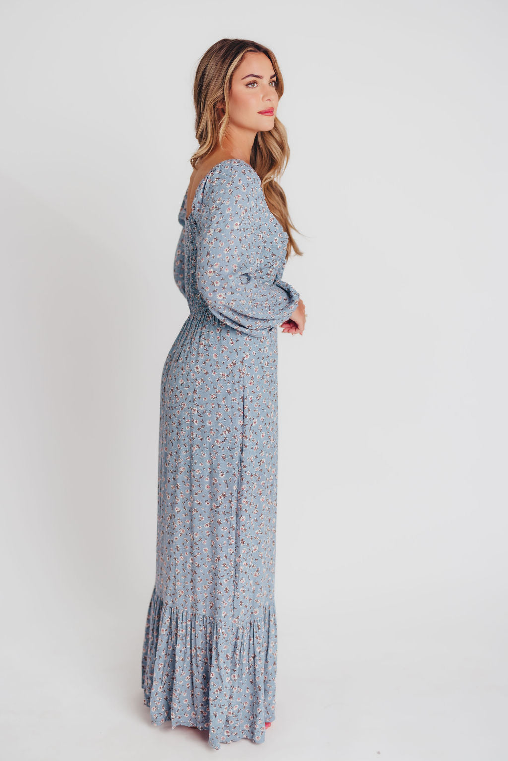 Adrienne Long-Sleeve Button-Up Maxi Dress in Ash Blue - Bump and Nursing Friendly