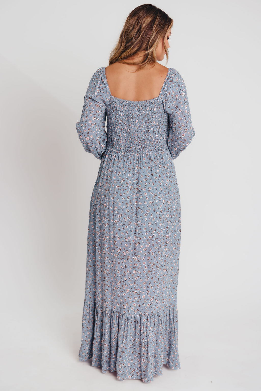 Adrienne Long-Sleeve Button-Up Maxi Dress in Ash Blue - Bump and Nursing Friendly