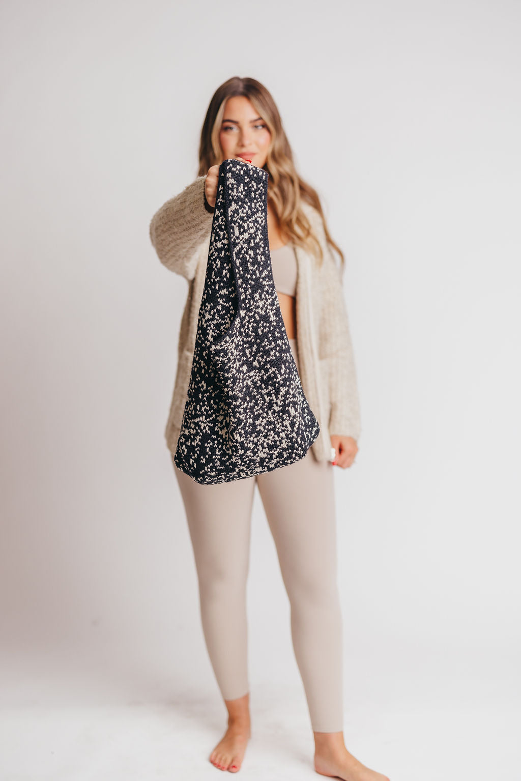 Krista Speckled Knit Tote Bag in Black/Cream