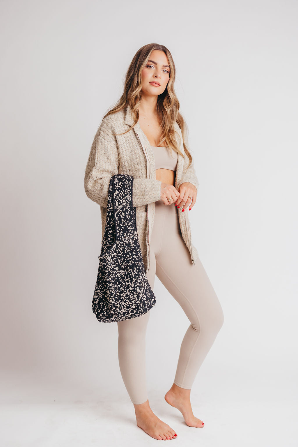 Krista Speckled Knit Tote Bag in Black/Cream
