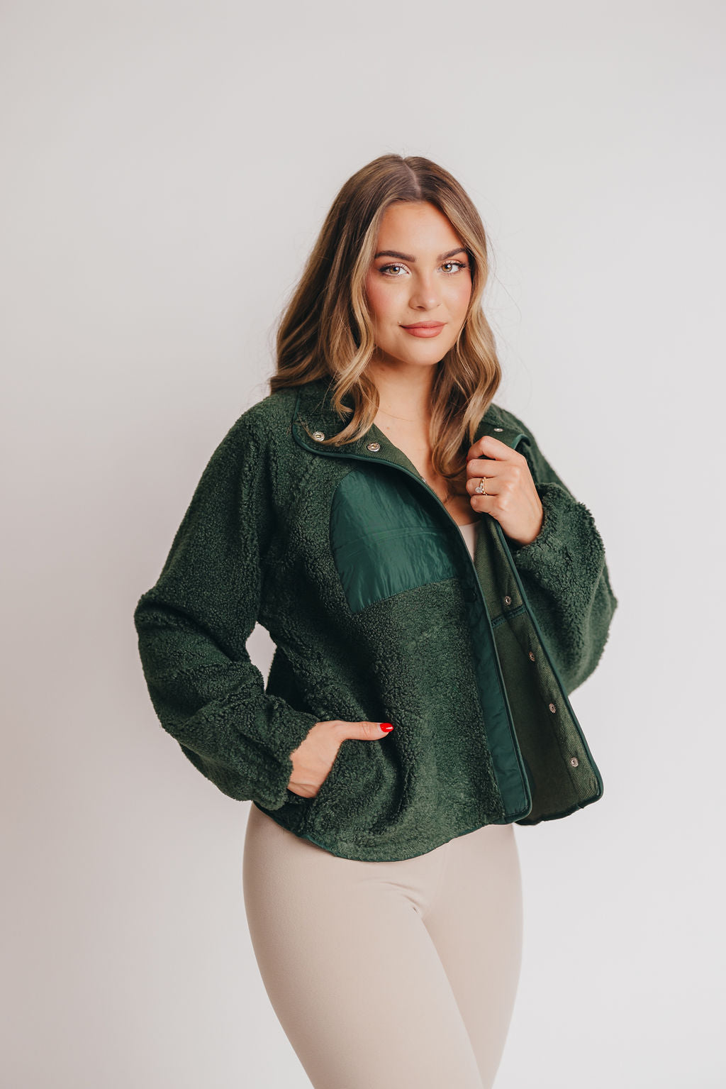Leo Solid Snap Button Fleece Jacket in Hunter Green *Inclusive Sizing*