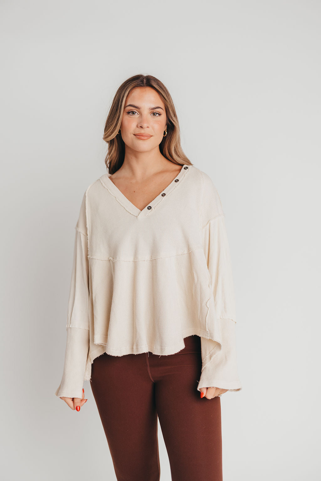 Connie Long Sleeve Henley Waffle-Knit Shirt in Cream