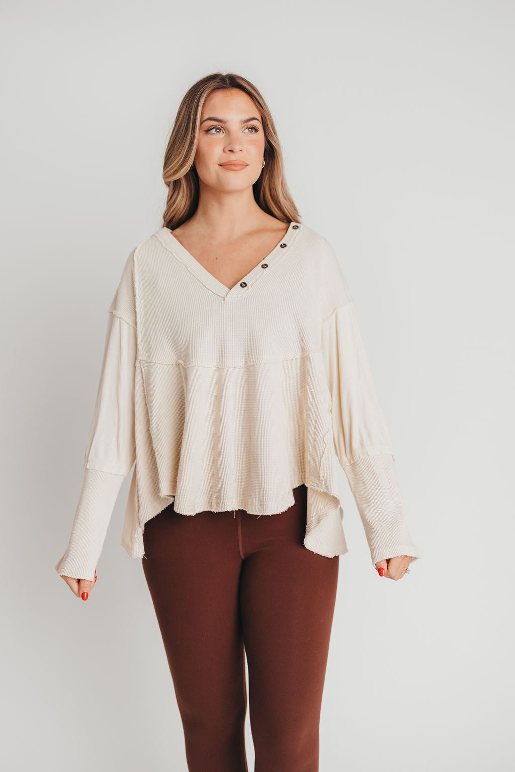 Connie Long Sleeve Henley Waffle-Knit Shirt in Cream