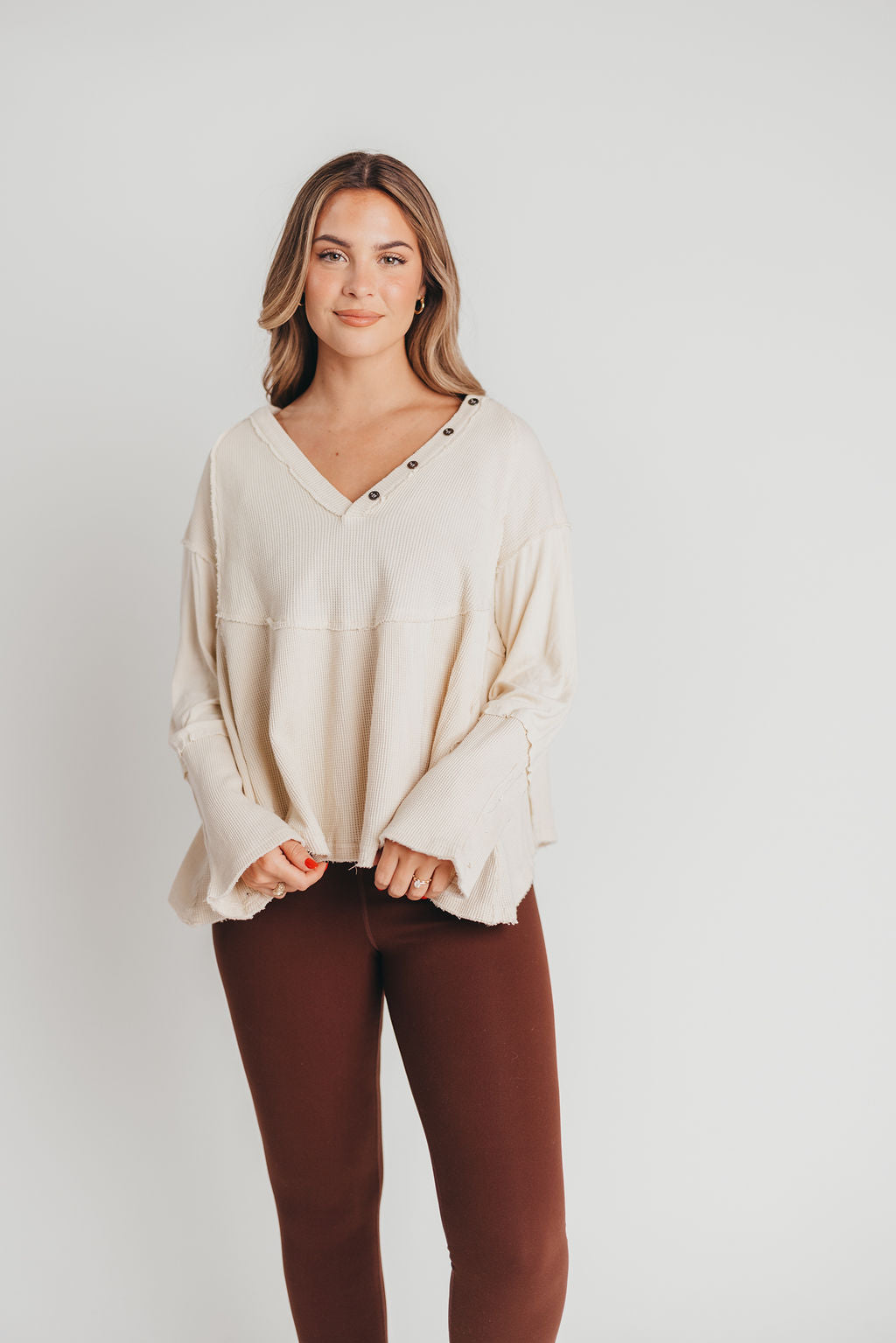 Connie Long Sleeve Henley Waffle-Knit Shirt in Cream