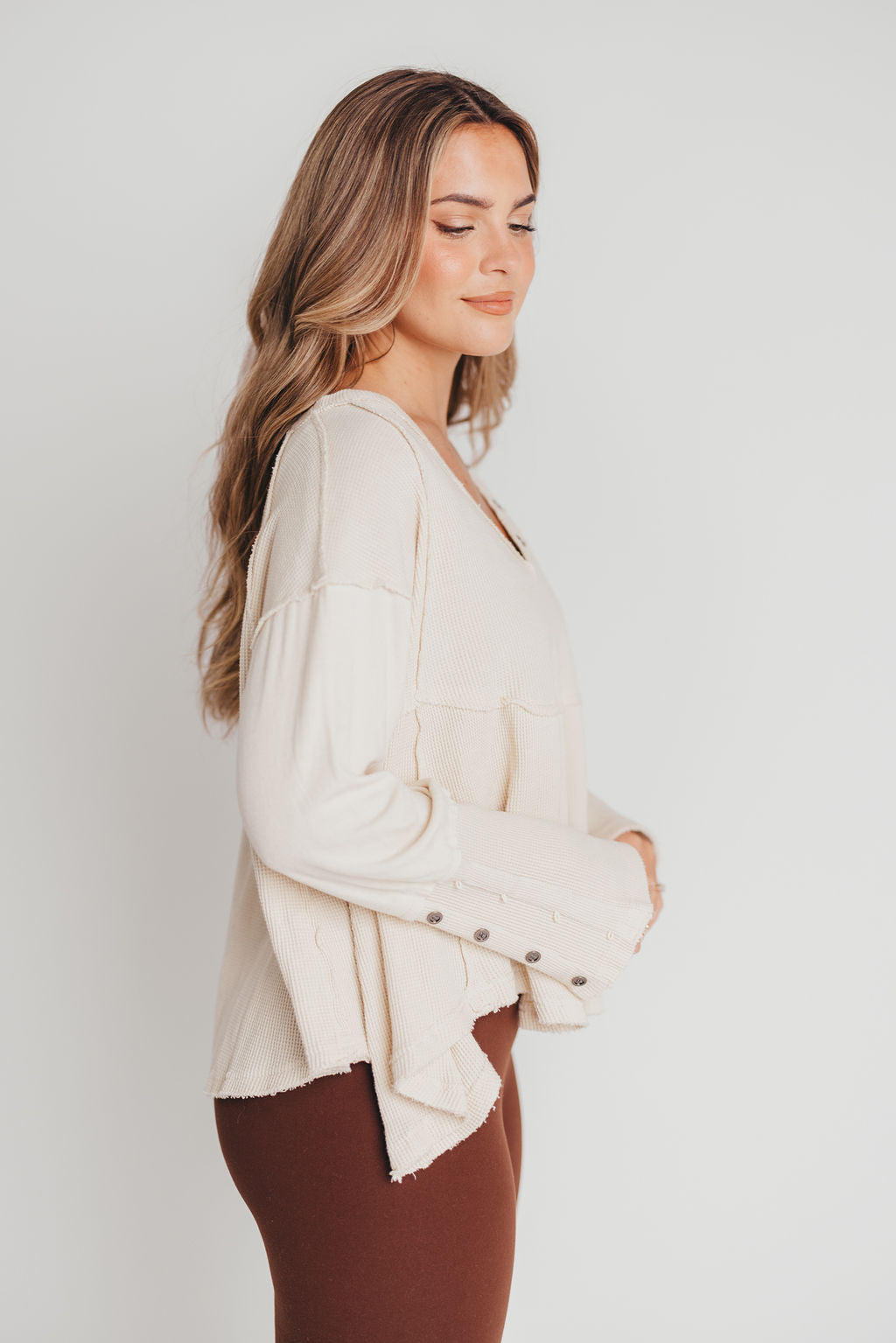 Connie Long Sleeve Henley Waffle-Knit Shirt in Cream
