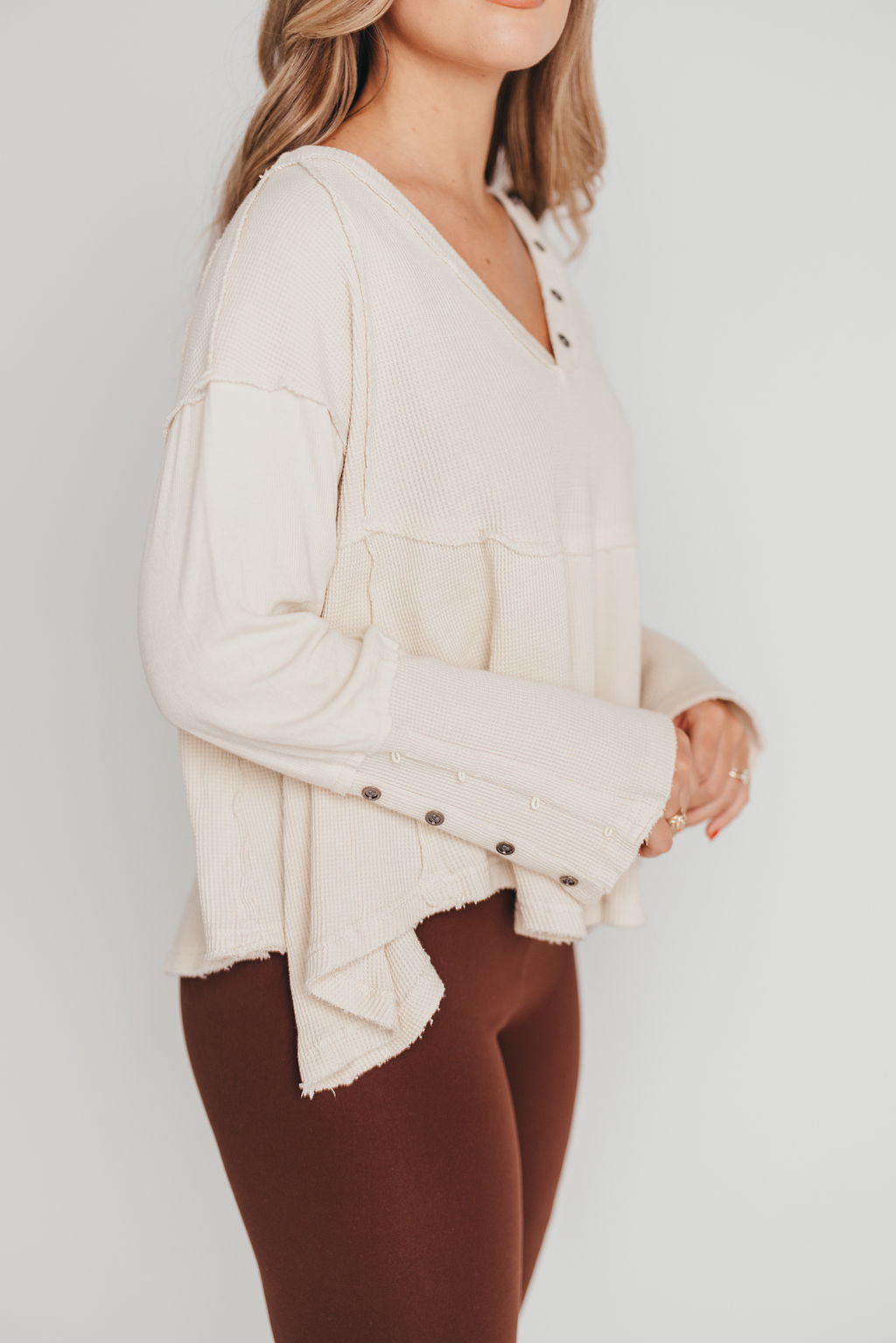 Connie Long Sleeve Henley Waffle-Knit Shirt in Cream