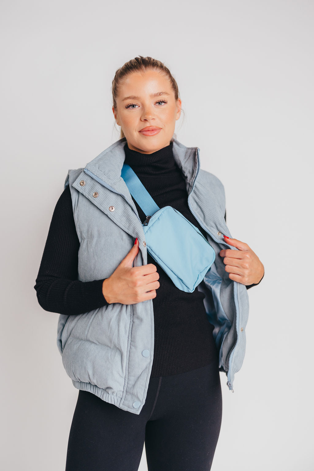 Snowmass Corduroy Stand Collar Puffer Vest in Blue