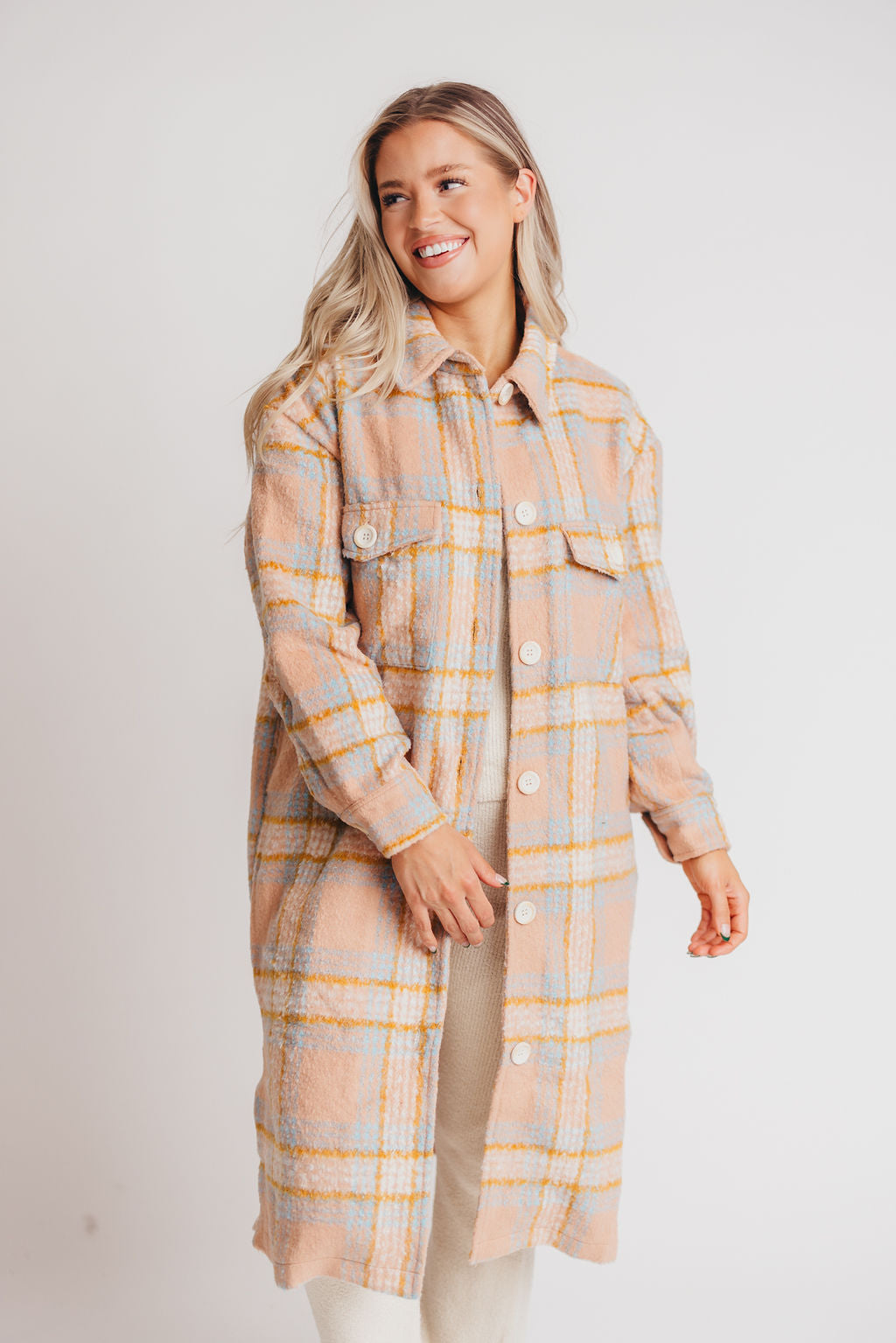 Mable Long Shirt Jacket in Peach Plaid