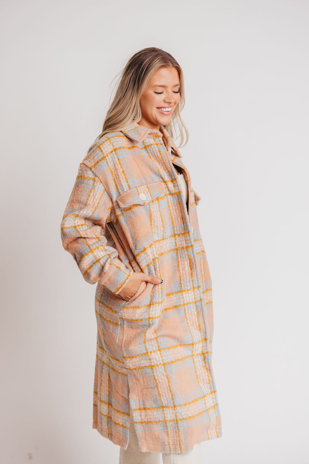 Mable Long Shirt Jacket in Peach Plaid
