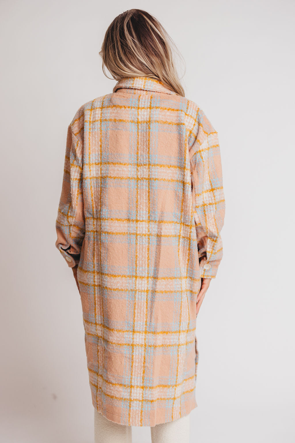 Mable Long Shirt Jacket in Peach Plaid