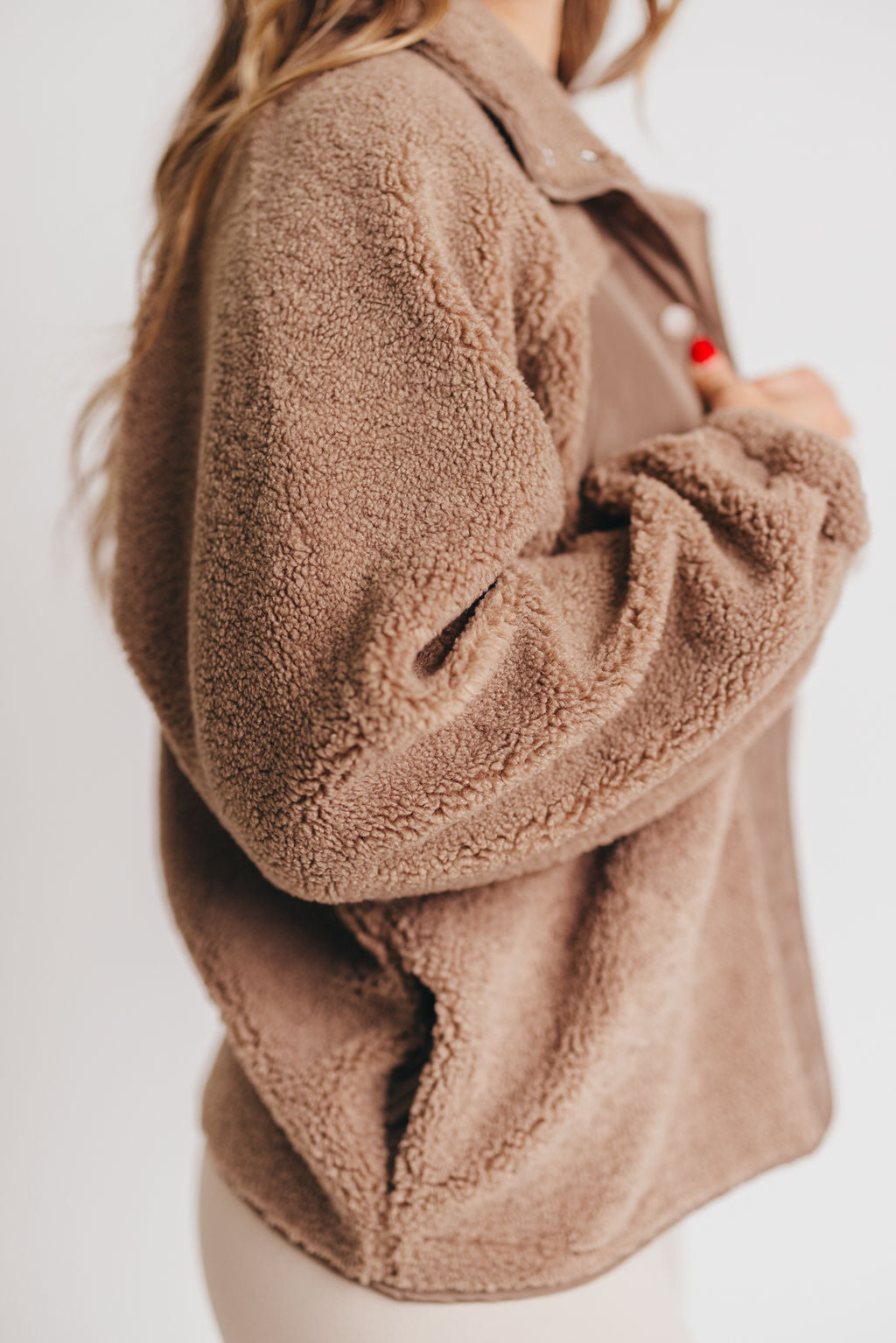 Leo Solid Snap Button Fleece Jacket in Mocha *Inclusive Sizing*