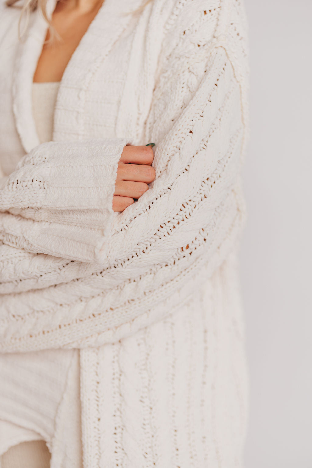 Back to December Shawl Collar Chenille Cardigan in Powder Cream