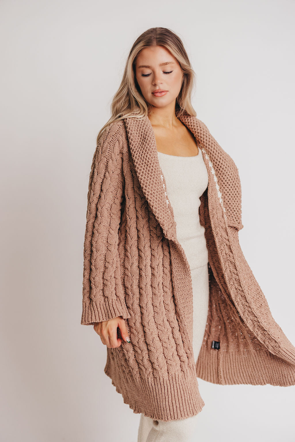 Presley Open Front Cable Knit Cardigan in Camel