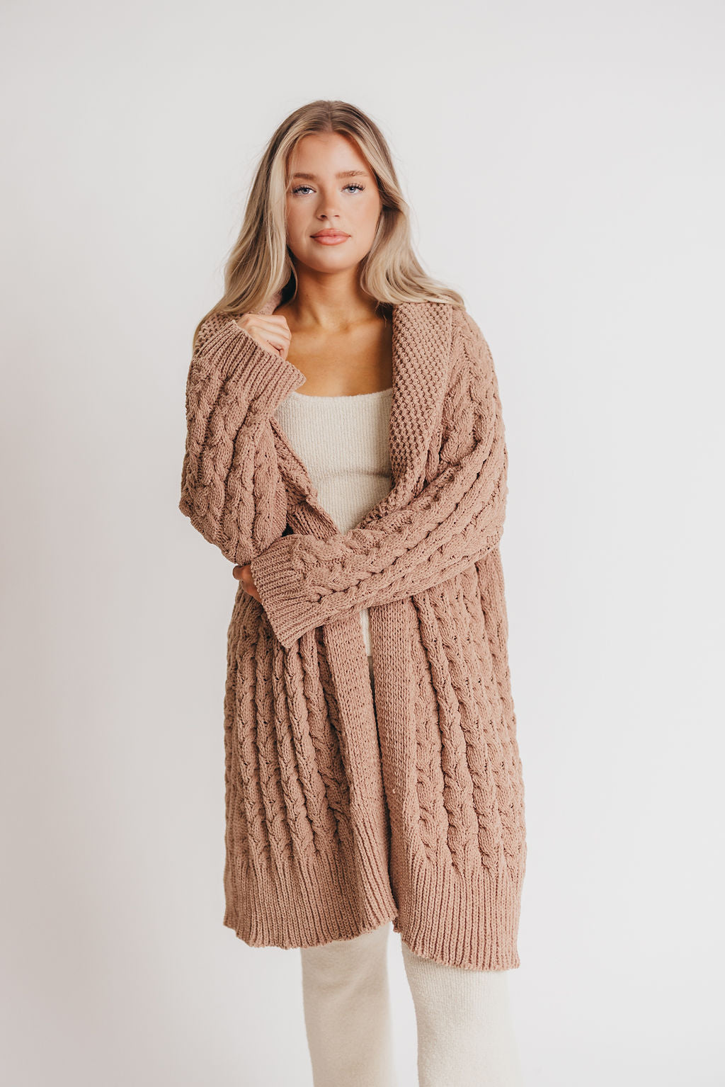 Presley Open Front Cable Knit Cardigan in Camel