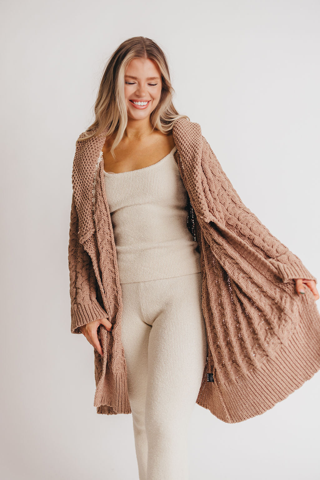 Presley Open Front Cable Knit Cardigan in Camel