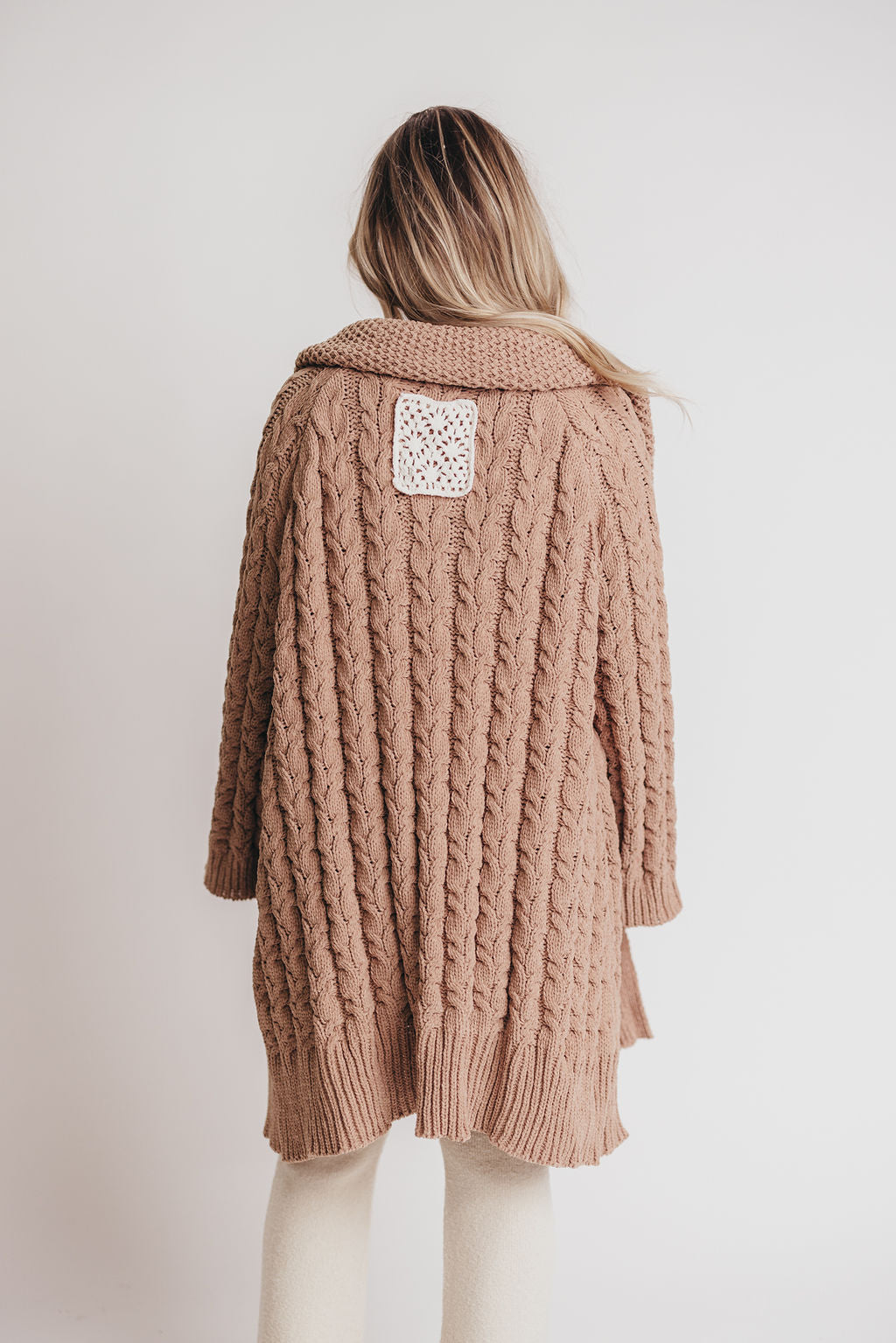 Presley Open Front Cable Knit Cardigan in Camel