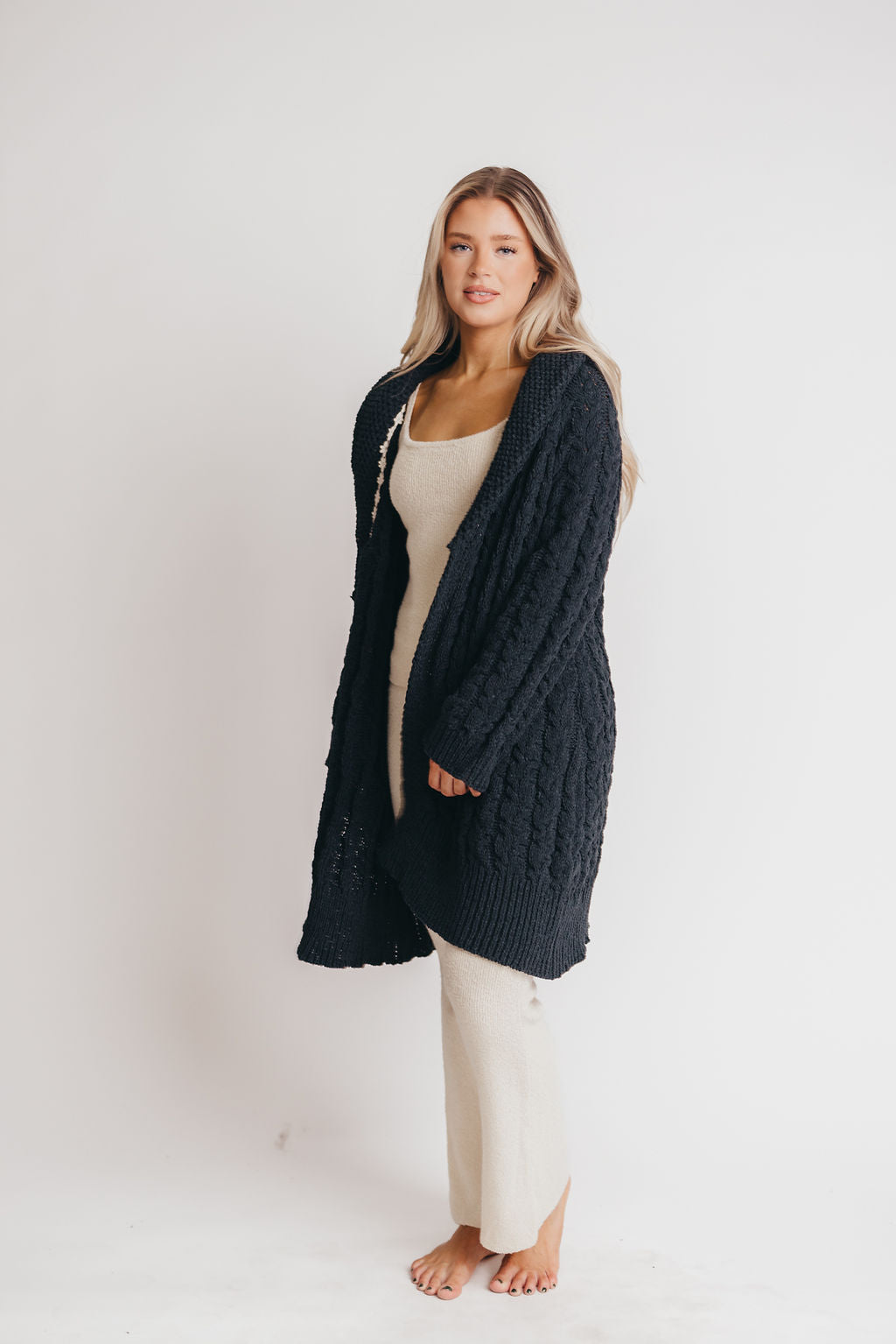 Presley Open Front Cable Knit Cardigan in Charcoal