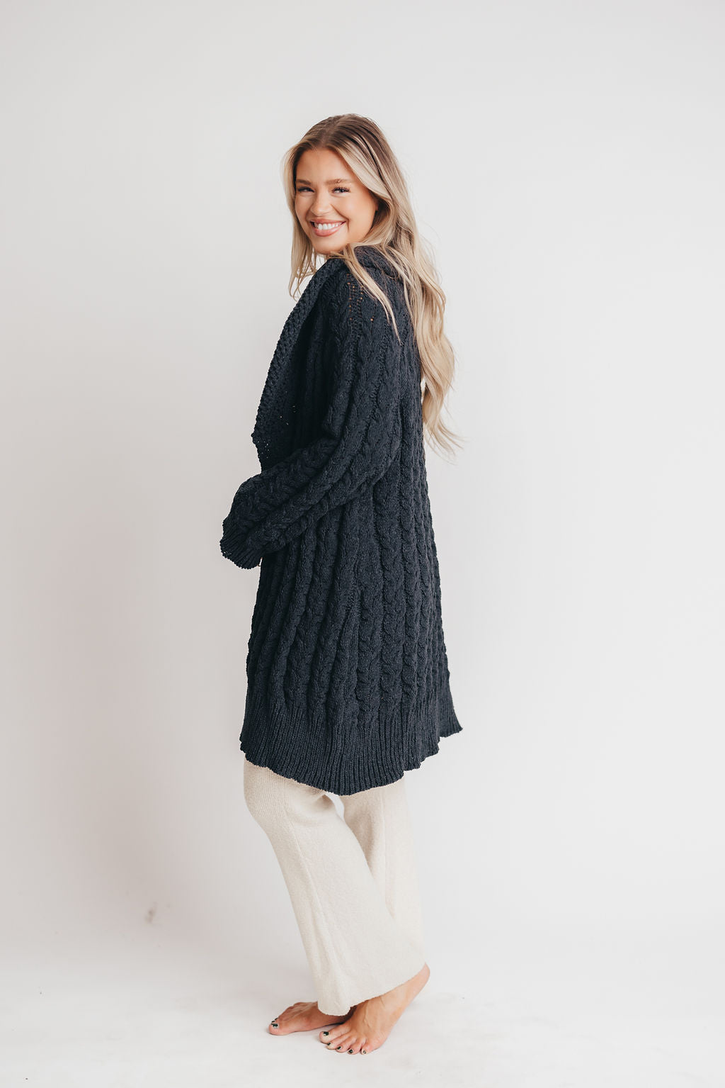Presley Open Front Cable Knit Cardigan in Charcoal